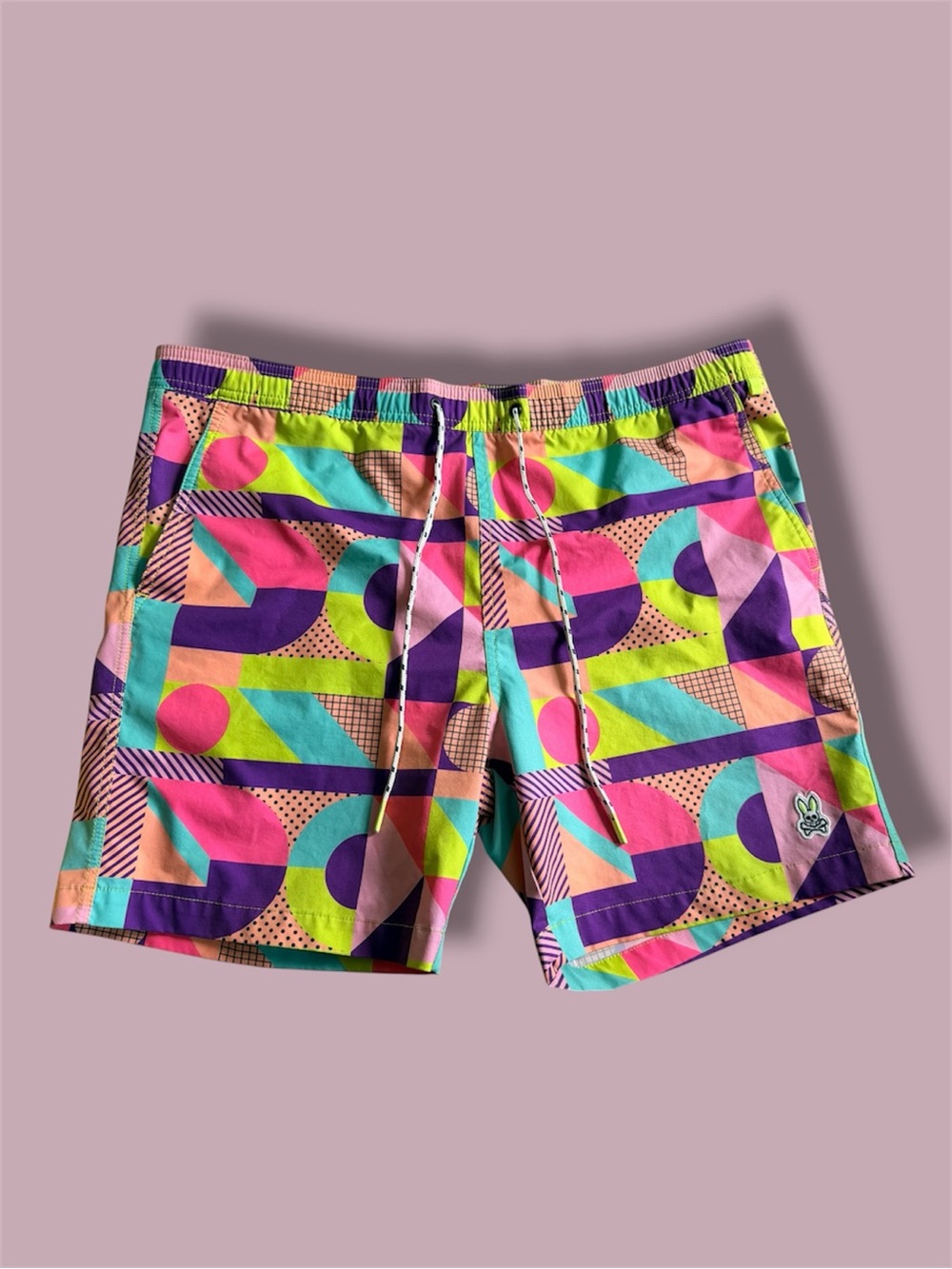 Psycho Bunny Multicolor Stripe Waistband Swim Shorts - Purple, Pink, Yellow (L)